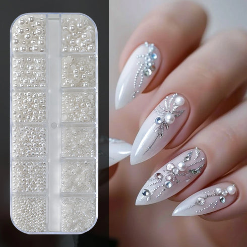 Elegant Round White Pearl Nail Beads and Charms Set for Stunning Nail Art Decoration - 12 Grids of Caviar Beads and Half Round Gems for Fall Season Nails and DIY Nail Designs